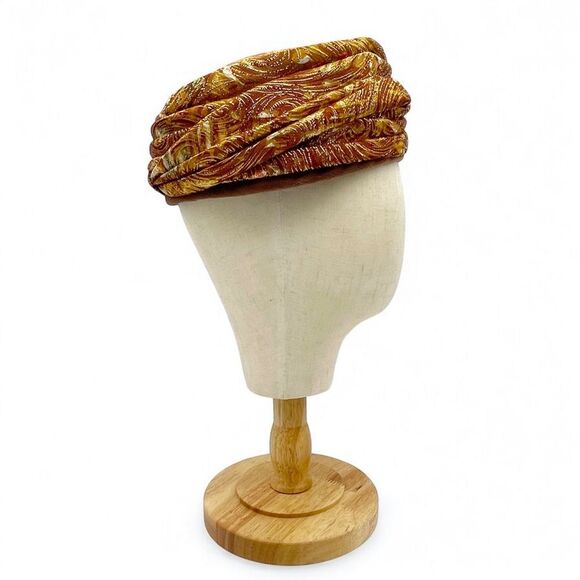 Vintage Valerie Modes Draped Turban Pillbox Hat – Metallic Gold & Bronze Brocade - Picture 7 of 16